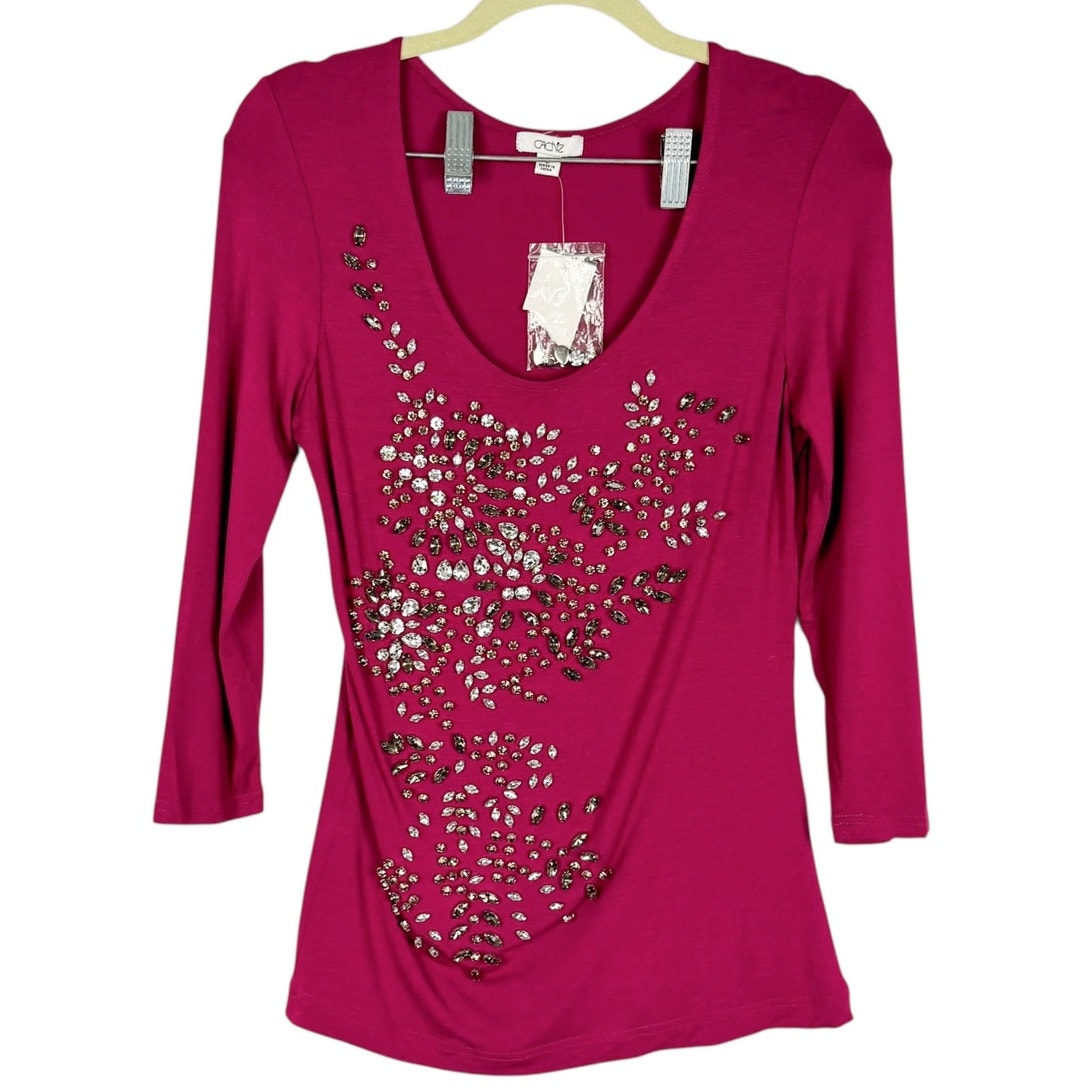 Nwt Cachâe Magenta Gem Embroidered 3/4 Sleeve Stretch Top Sz Small Glam